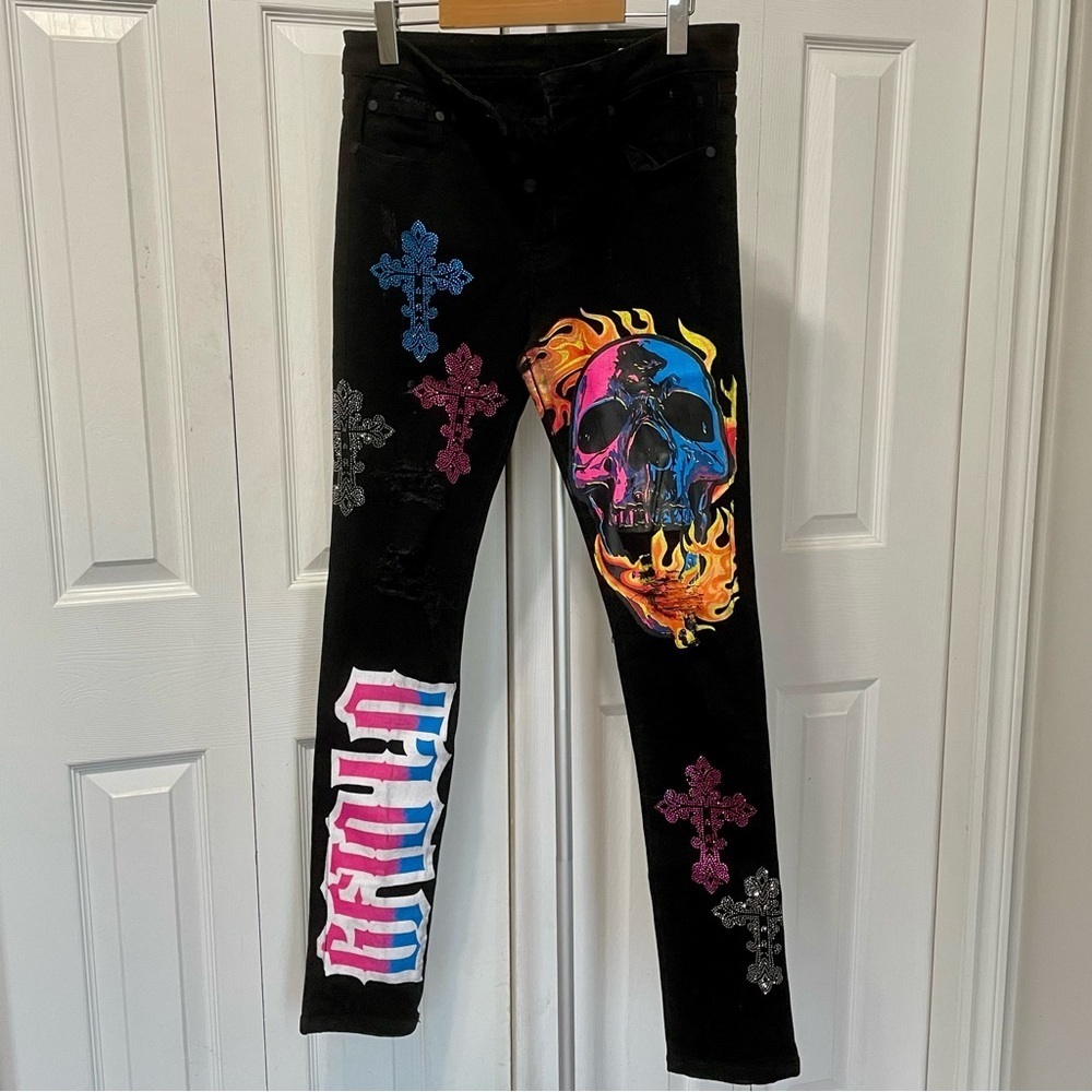 GFTD Los Angelas Stylish Black Printed Distressed Women's Button Fly Jeans